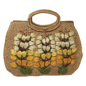 Vintage Philippine Woven Raffia Floral Handbag Large Market Tote